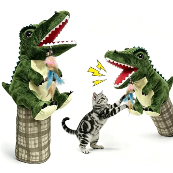 Dinosaur interactive cat hand puppet with feather teaser engaging a tabby cat