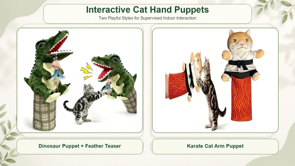 Dinosaur and Karate Cat interactive cat hand puppet style options