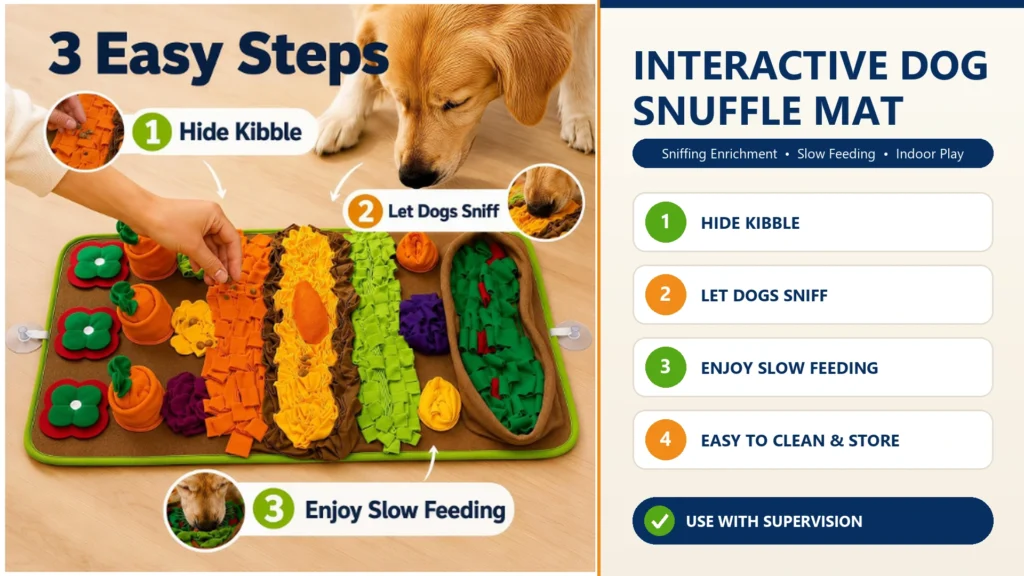 dog snuffle mat guide showing supervised sniffing, slow feeding and indoor enrichment