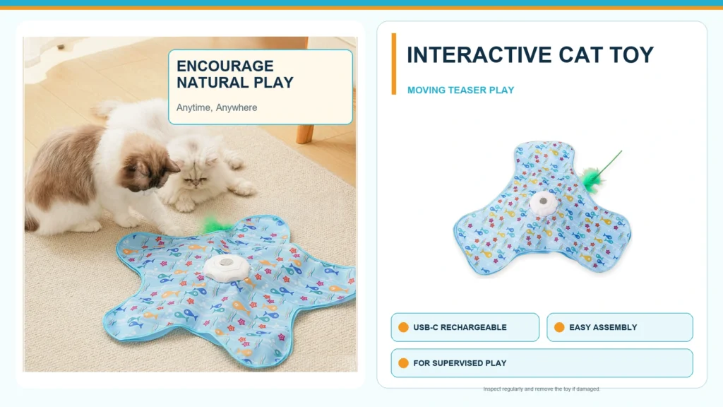 Interactive cat toy with blue fish-print mat and green feather teaser