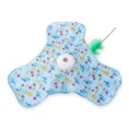 Interactive cat toy with blue fish-print mat, white motor and green feather teaser