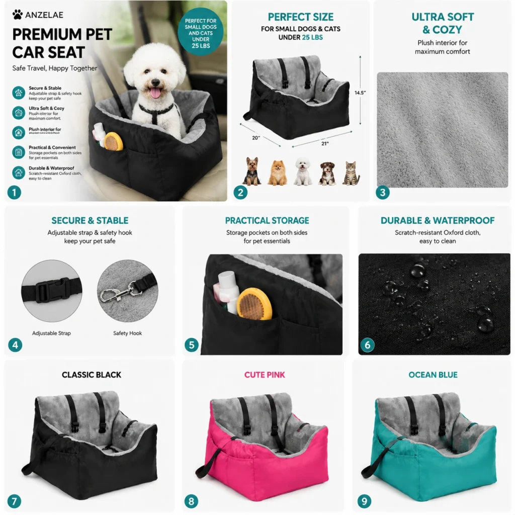dog car seat features including safety strap, plush interior and waterproof design