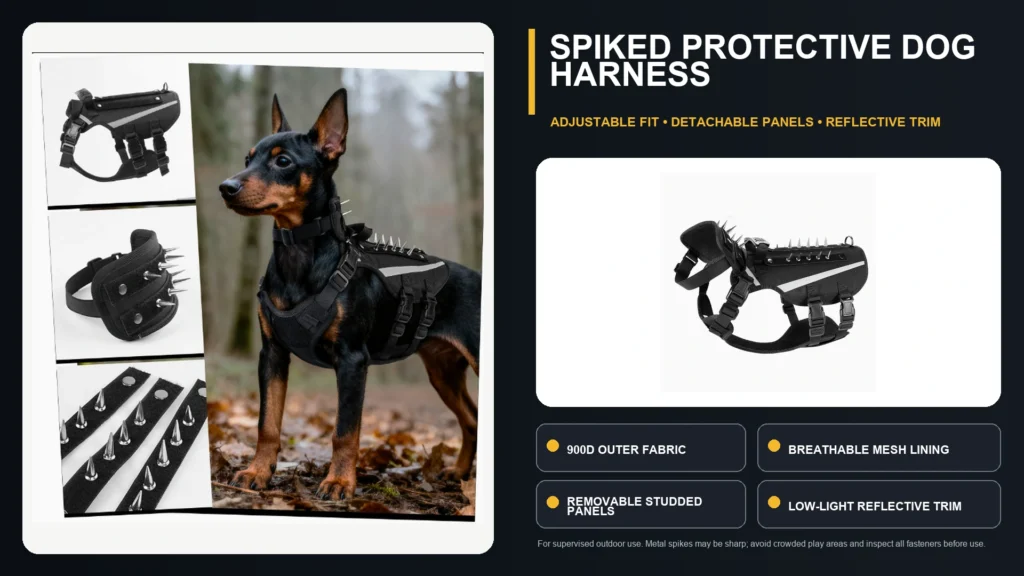 Black spiked dog harness feature guide showing adjustable fit, detachable spike panels, 900D fabric and reflective trim.