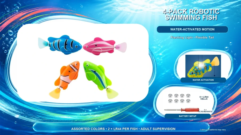 Four random-color robotic swimming fish used as interactive cat toys